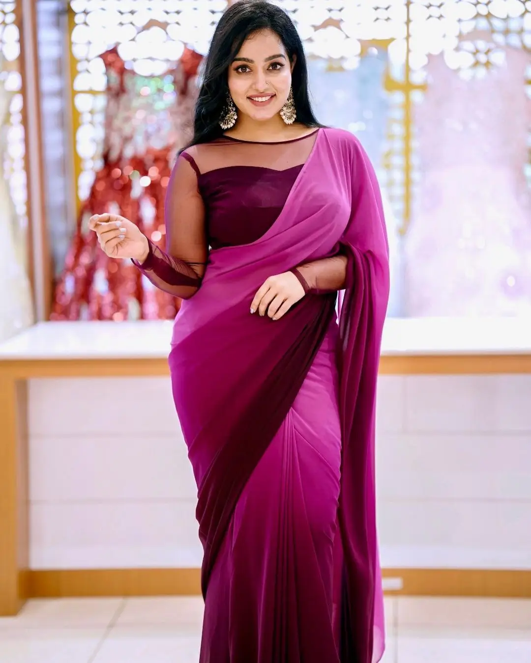 Malavika Menon In South Indian Traditional Pink Saree Maroon Blouse